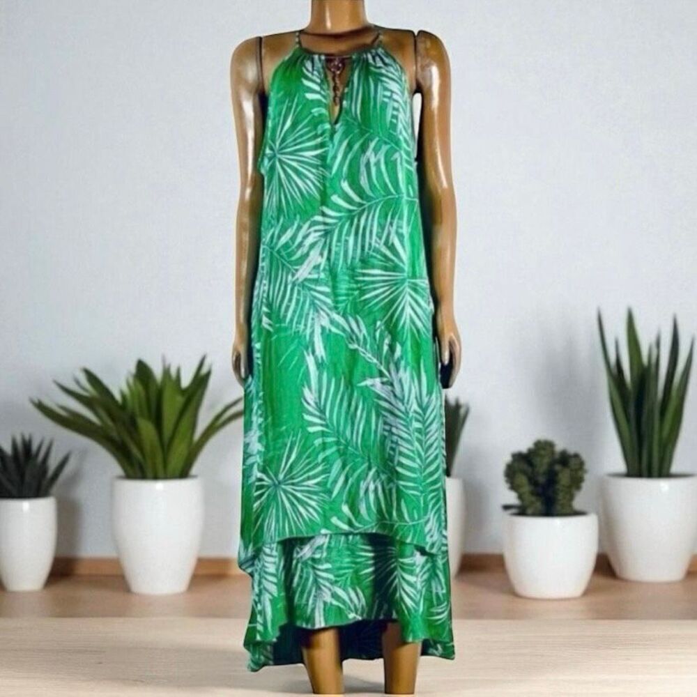 NWT Mlle Gabrielle Sz L Halter Green White Floral High Low Gauzy Maxi Long Dress